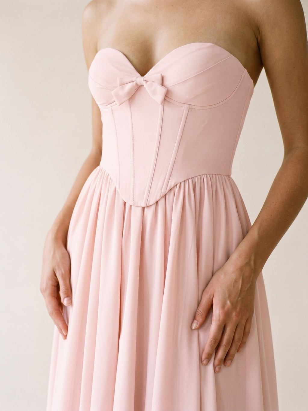 Blushing Pink Chiffon A-Line Sweetheart Back Zip Midi Dress with Pleating - Curvevia