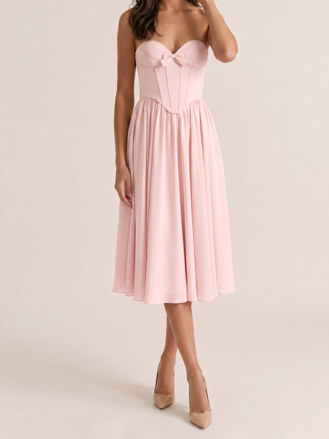 Blushing Pink Chiffon A-Line Sweetheart Back Zip Midi Dress with Pleating - Curvevia