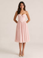 Blushing Pink Chiffon A-Line Sweetheart Back Zip Midi Dress with Pleating - Curvevia