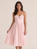 Blushing Pink Chiffon A-Line Sweetheart Back Zip Midi Dress with Pleating - Curvevia
