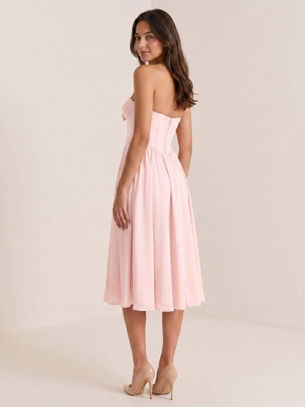 Blushing Pink Chiffon A-Line Sweetheart Back Zip Midi Dress with Pleating - Curvevia