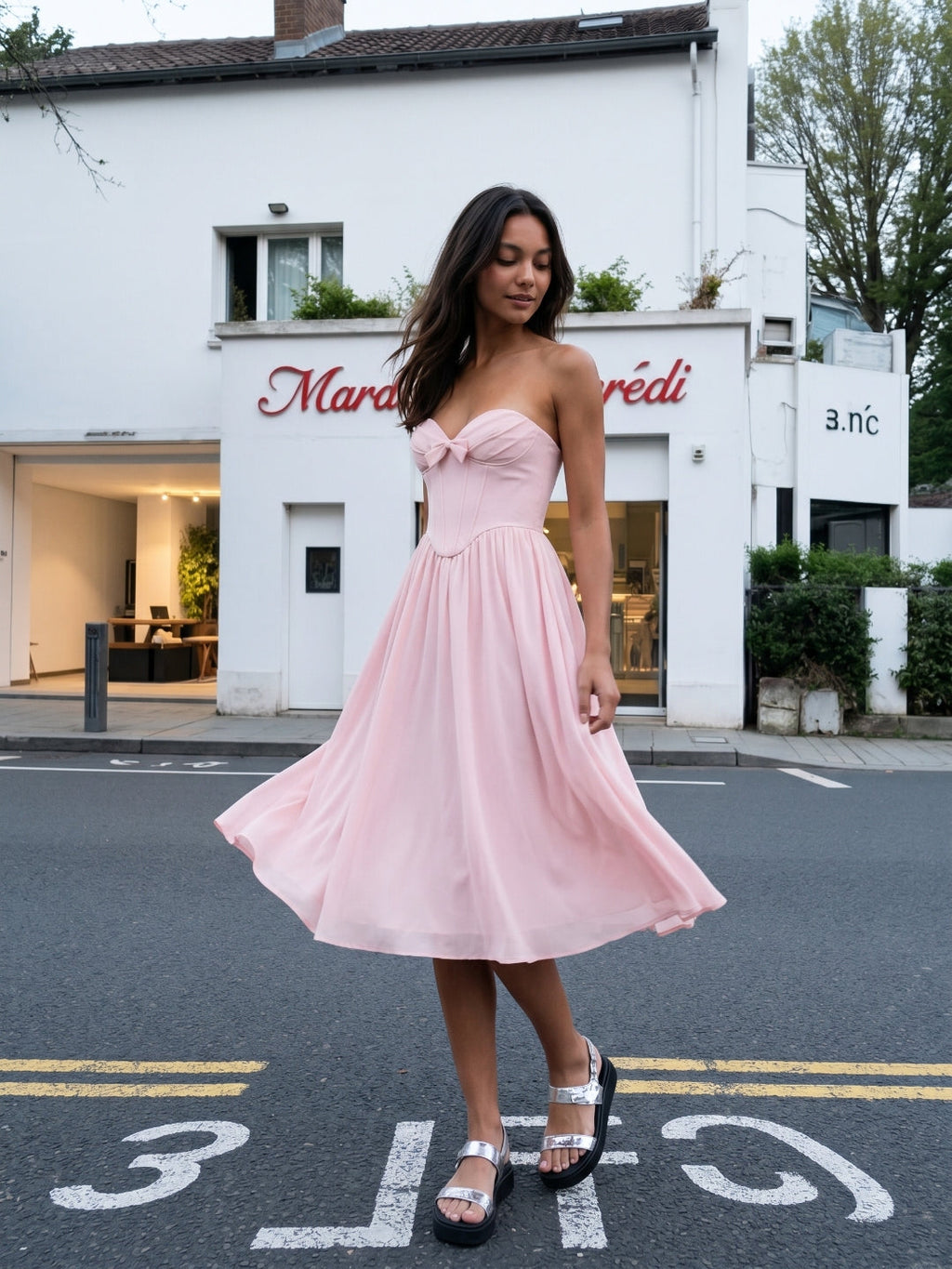 Blushing Pink Chiffon A-Line Sweetheart Back Zip Midi Dress with Pleating - Curvevia