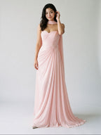 Blushing Pink Chiffon A-Line Sweetheart Floor-Length Dress with Pleating - Curvevia