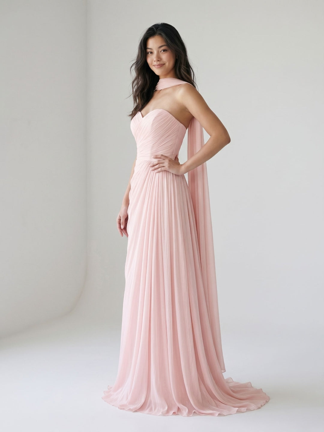 Blushing Pink Chiffon A-Line Sweetheart Floor-Length Dress with Pleating - Curvevia