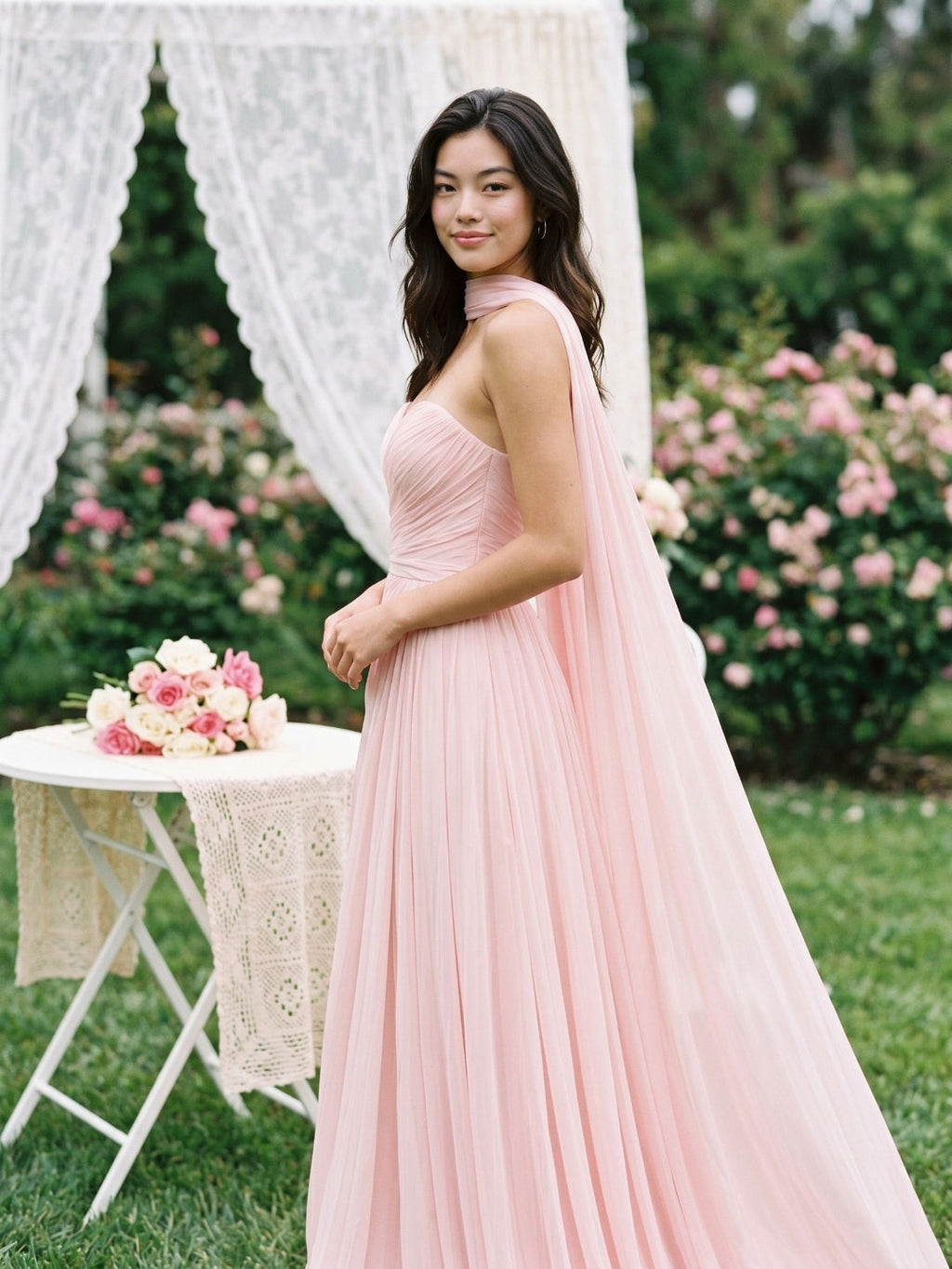 Blushing Pink Chiffon A-Line Sweetheart Floor-Length Dress with Pleating - Curvevia