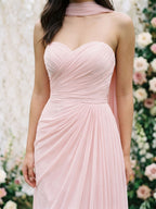 Blushing Pink Chiffon A-Line Sweetheart Floor-Length Dress with Pleating - Curvevia
