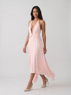 Blushing Pink Chiffon A-Line V-Neck Backless Asymmetrical Dress - Curvevia