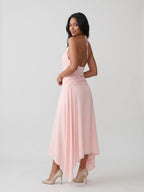 Blushing Pink Chiffon A-Line V-Neck Backless Asymmetrical Dress - Curvevia