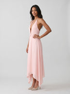 Blushing Pink Chiffon A-Line V-Neck Backless Asymmetrical Dress - Curvevia