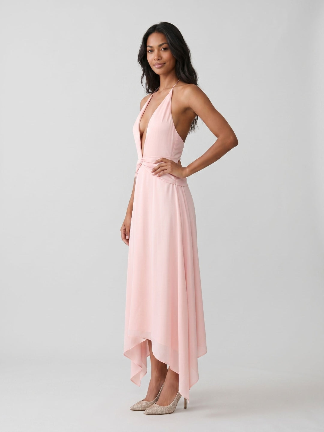 Blushing Pink Chiffon A-Line V-Neck Backless Asymmetrical Dress - Curvevia