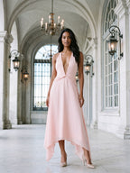 Blushing Pink Chiffon A-Line V-Neck Backless Asymmetrical Dress - Curvevia