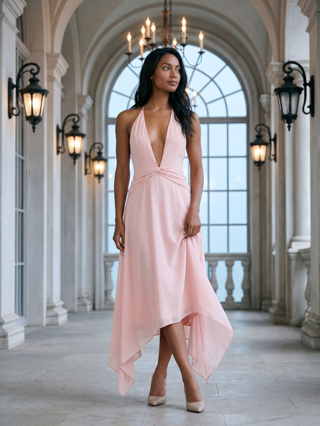 Blushing Pink Chiffon A-Line V-Neck Backless Asymmetrical Dress - Curvevia