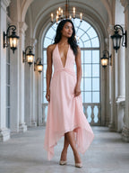 Blushing Pink Chiffon A-Line V-Neck Backless Asymmetrical Dress - Curvevia