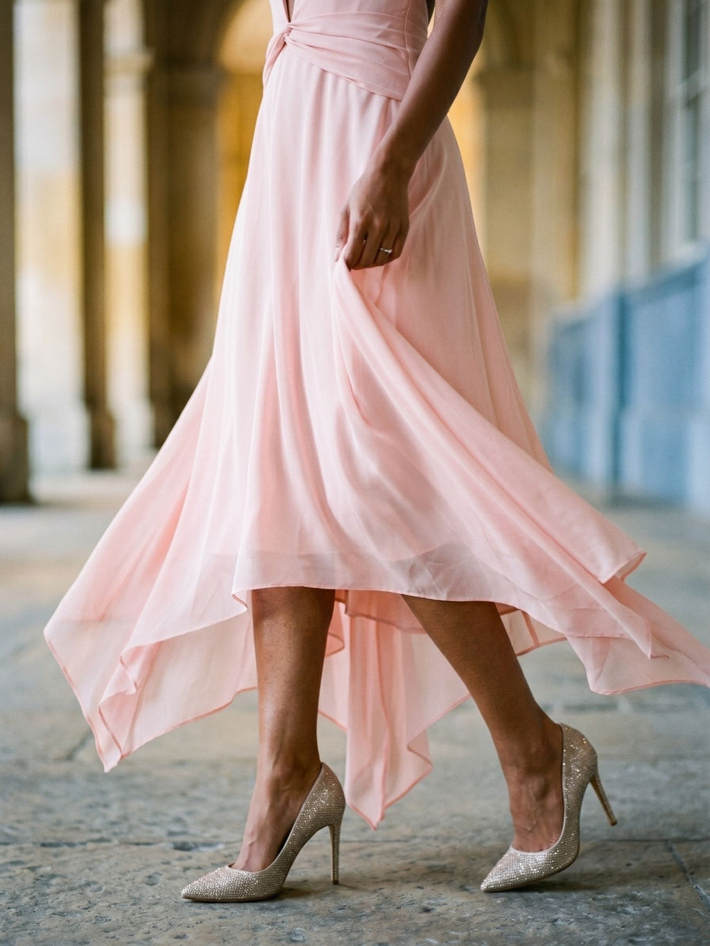 Blushing Pink Chiffon A-Line V-Neck Backless Asymmetrical Dress - Curvevia