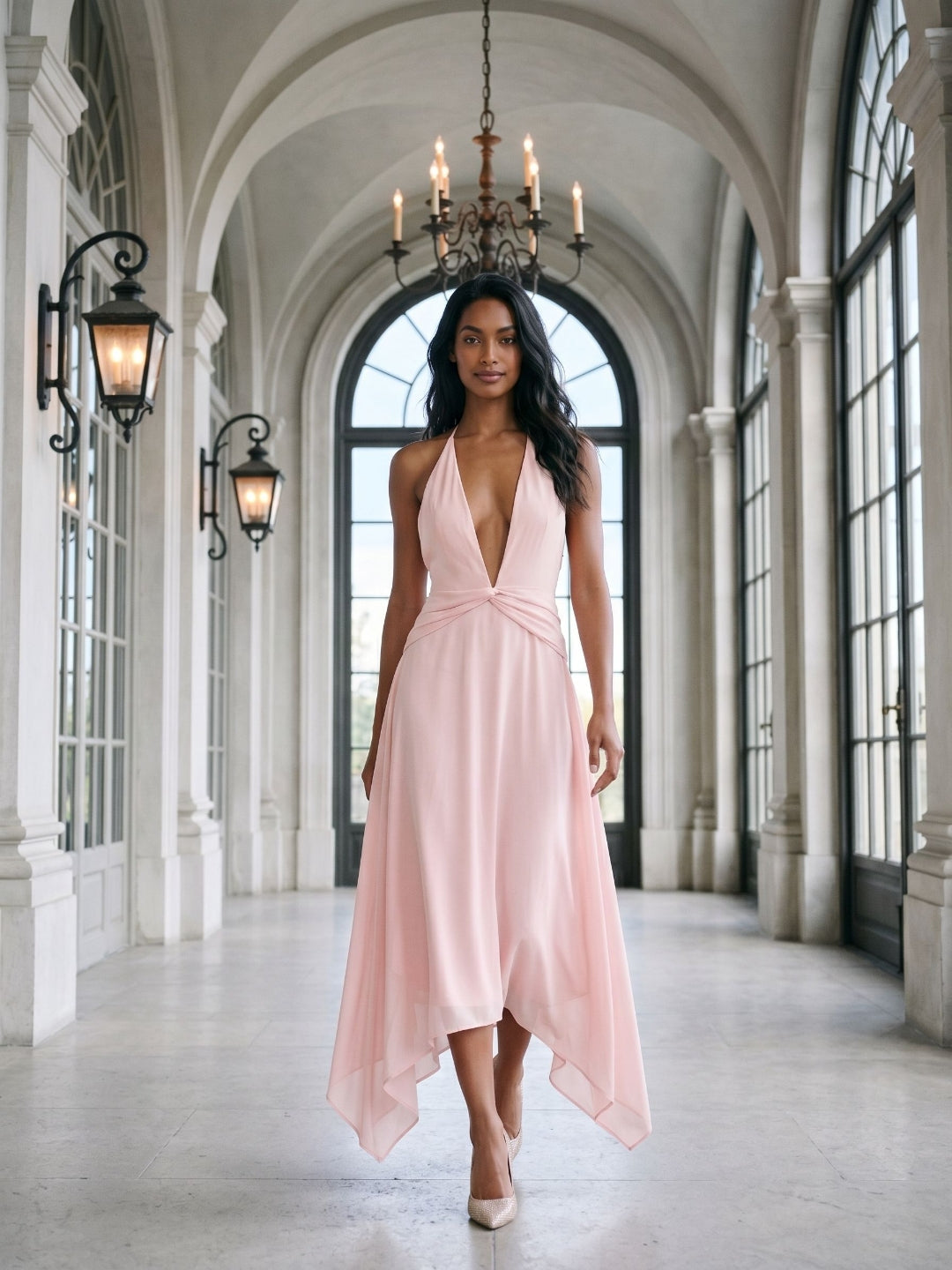 Blushing Pink Chiffon A-Line V-Neck Backless Asymmetrical Dress - Curvevia