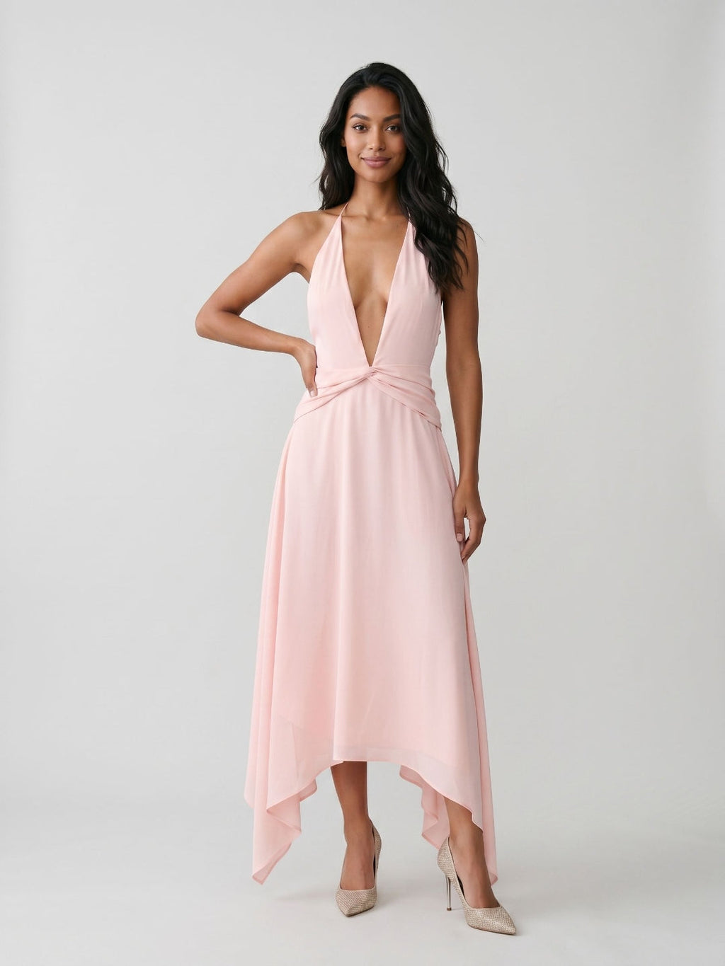 Blushing Pink Chiffon A-Line V-Neck Backless Asymmetrical Dress - Curvevia