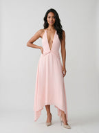 Blushing Pink Chiffon A-Line V-Neck Backless Asymmetrical Dress - Curvevia