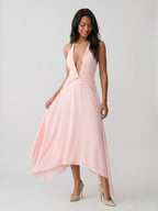 Blushing Pink Chiffon A-Line V-Neck Backless Asymmetrical Dress - Curvevia