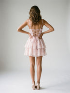 Blushing Pink Chiffon A-Line V-Neck Lace-Up Back Short Dress with Pleating - Curvevia