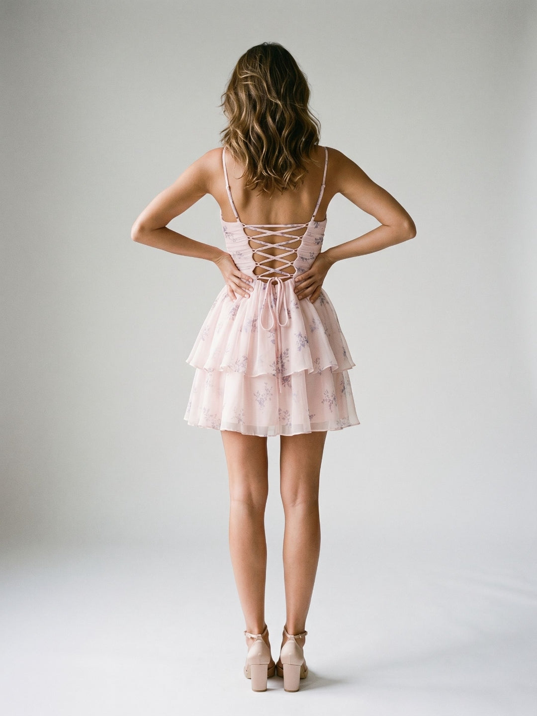 Blushing Pink Chiffon A-Line V-Neck Lace-Up Back Short Dress with Pleating - Curvevia