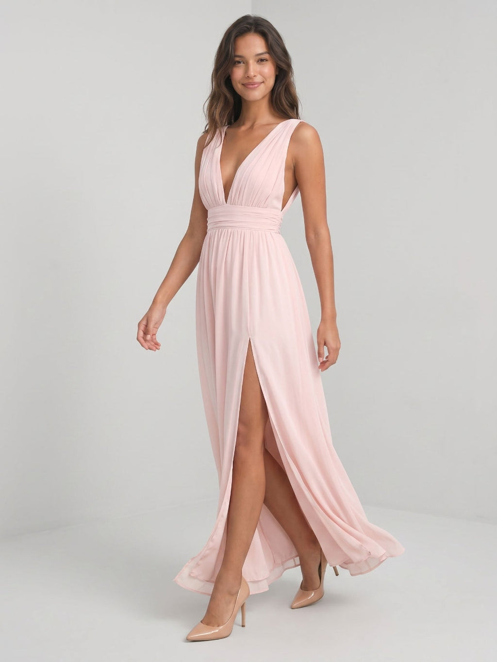 Blushing Pink Chiffon A-Line V-Neck V-Back Floor-Length Formal Dress with Pleating - Curvevia
