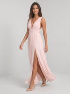 Blushing Pink Chiffon A-Line V-Neck V-Back Floor-Length Formal Dress with Pleating - Curvevia