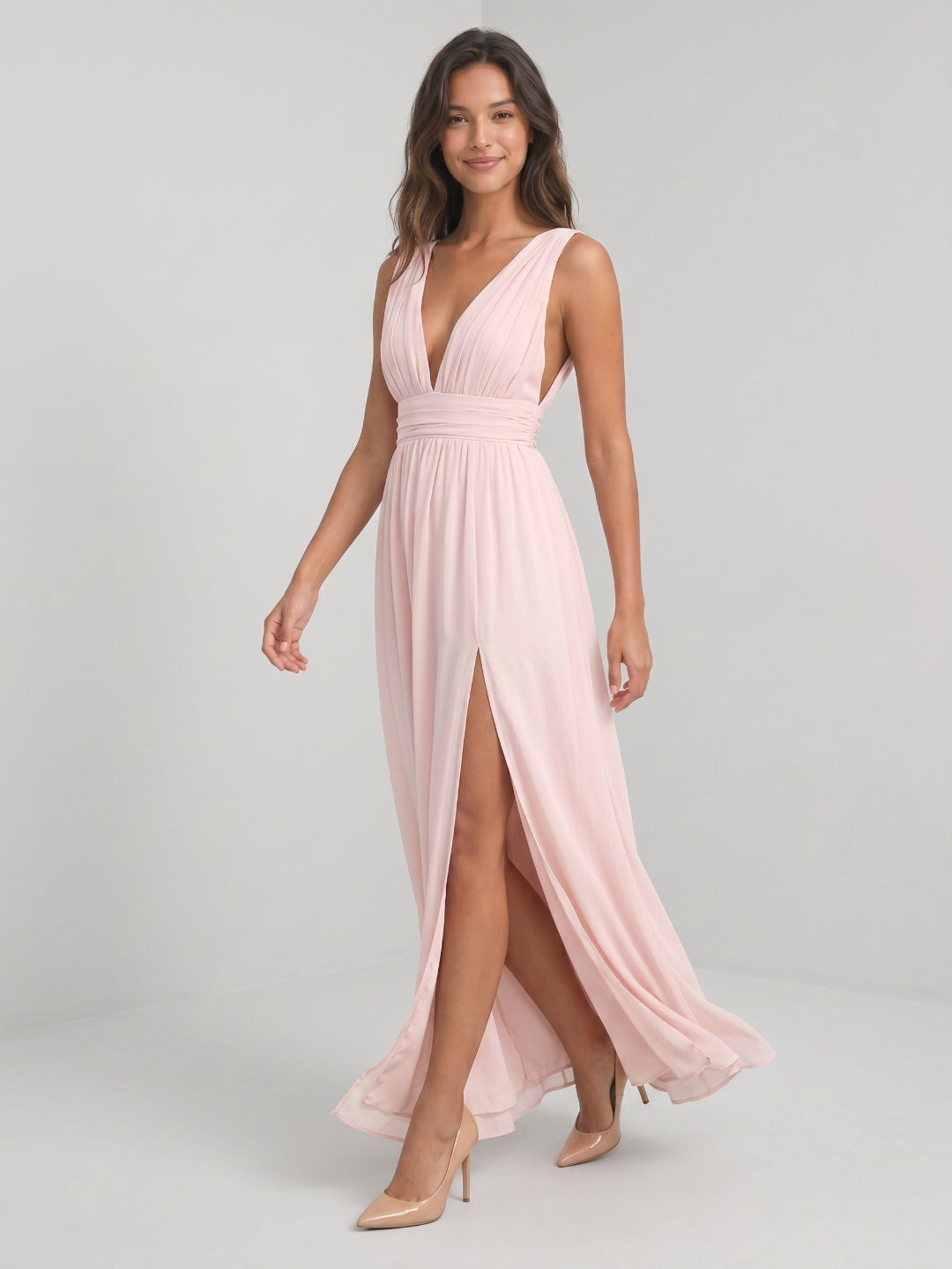 Blushing Pink Chiffon A-Line V-Neck V-Back Floor-Length Formal Dress with Pleating - Curvevia