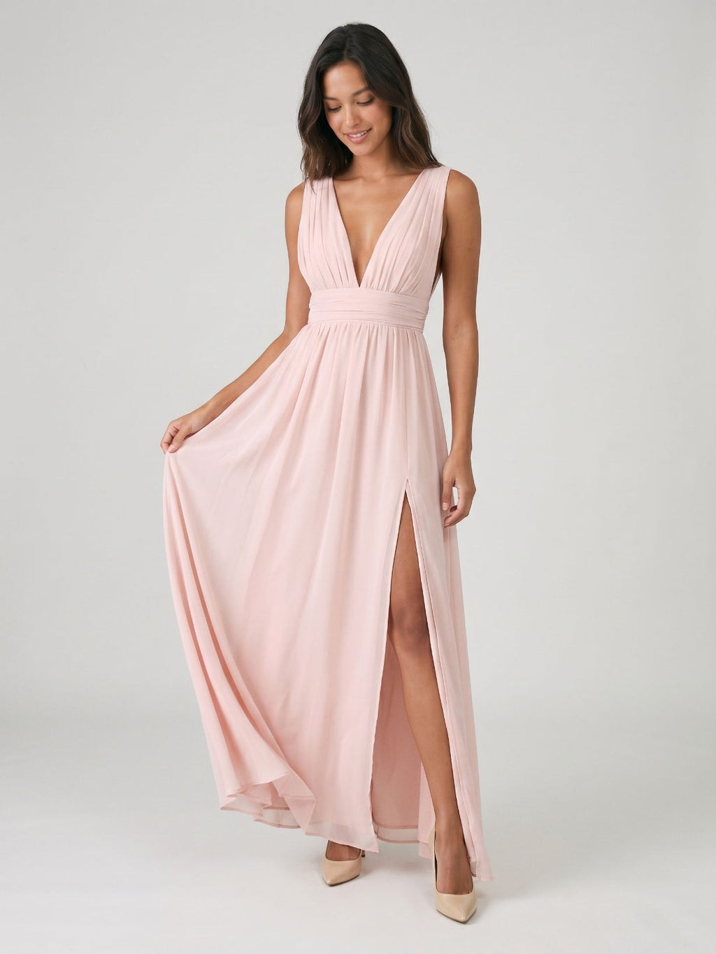 Blushing Pink Chiffon A-Line V-Neck V-Back Floor-Length Formal Dress with Pleating - Curvevia