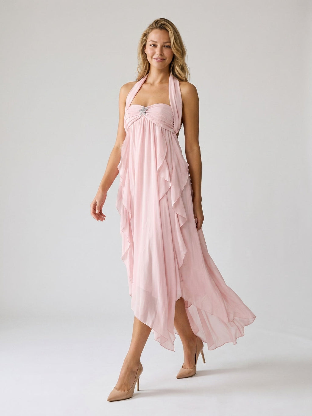 Blushing Pink Chiffon Column Halter Backless Asymmetrical Birthday Dress with Ruffles - Curvevia