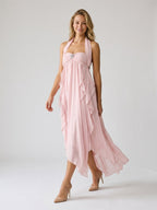 Blushing Pink Chiffon Column Halter Backless Asymmetrical Birthday Dress with Ruffles - Curvevia