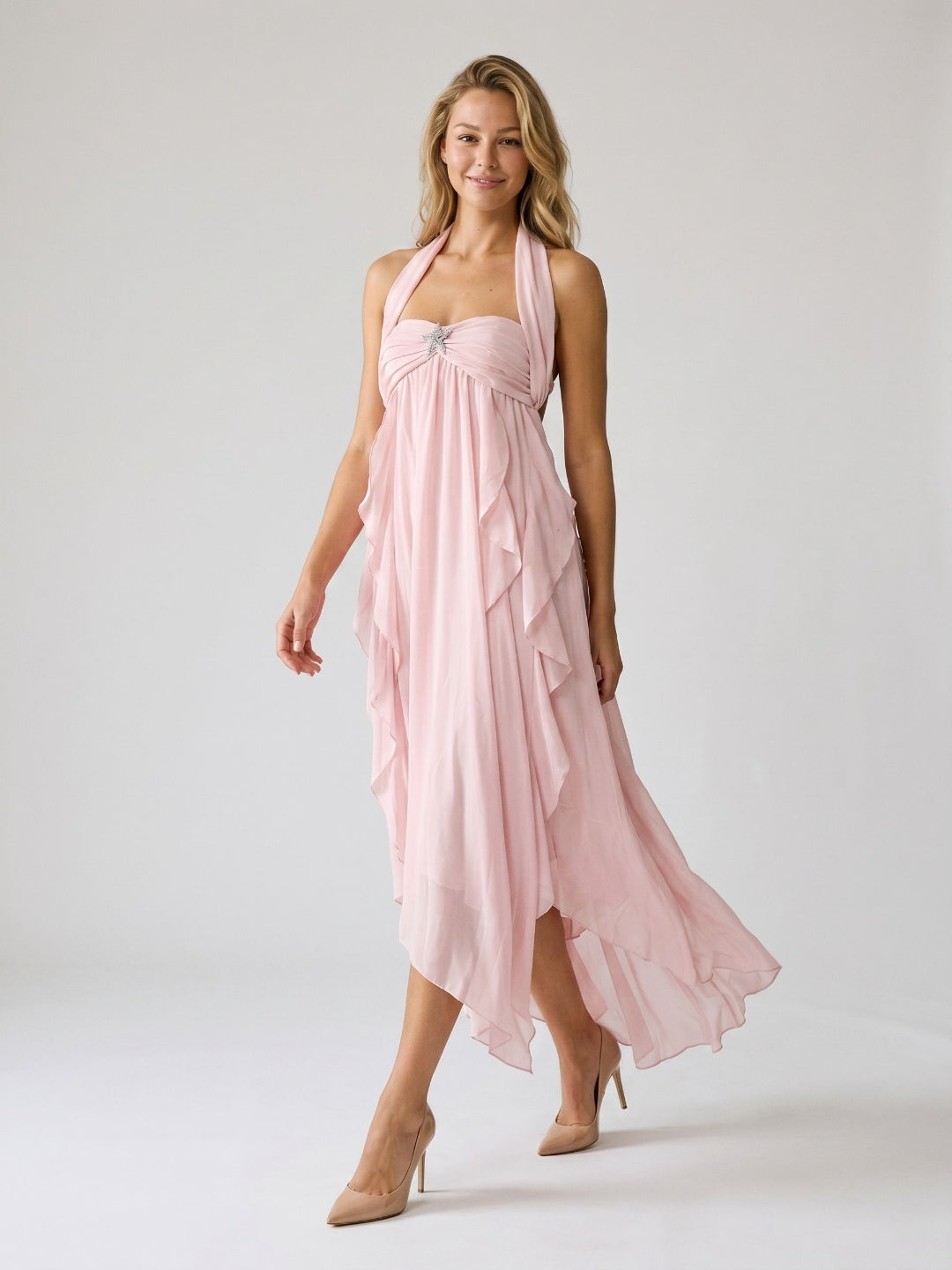 Blushing Pink Chiffon Column Halter Backless Asymmetrical Birthday Dress with Ruffles - Curvevia