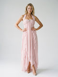 Blushing Pink Chiffon Column Halter Backless Asymmetrical Birthday Dress with Ruffles - Curvevia