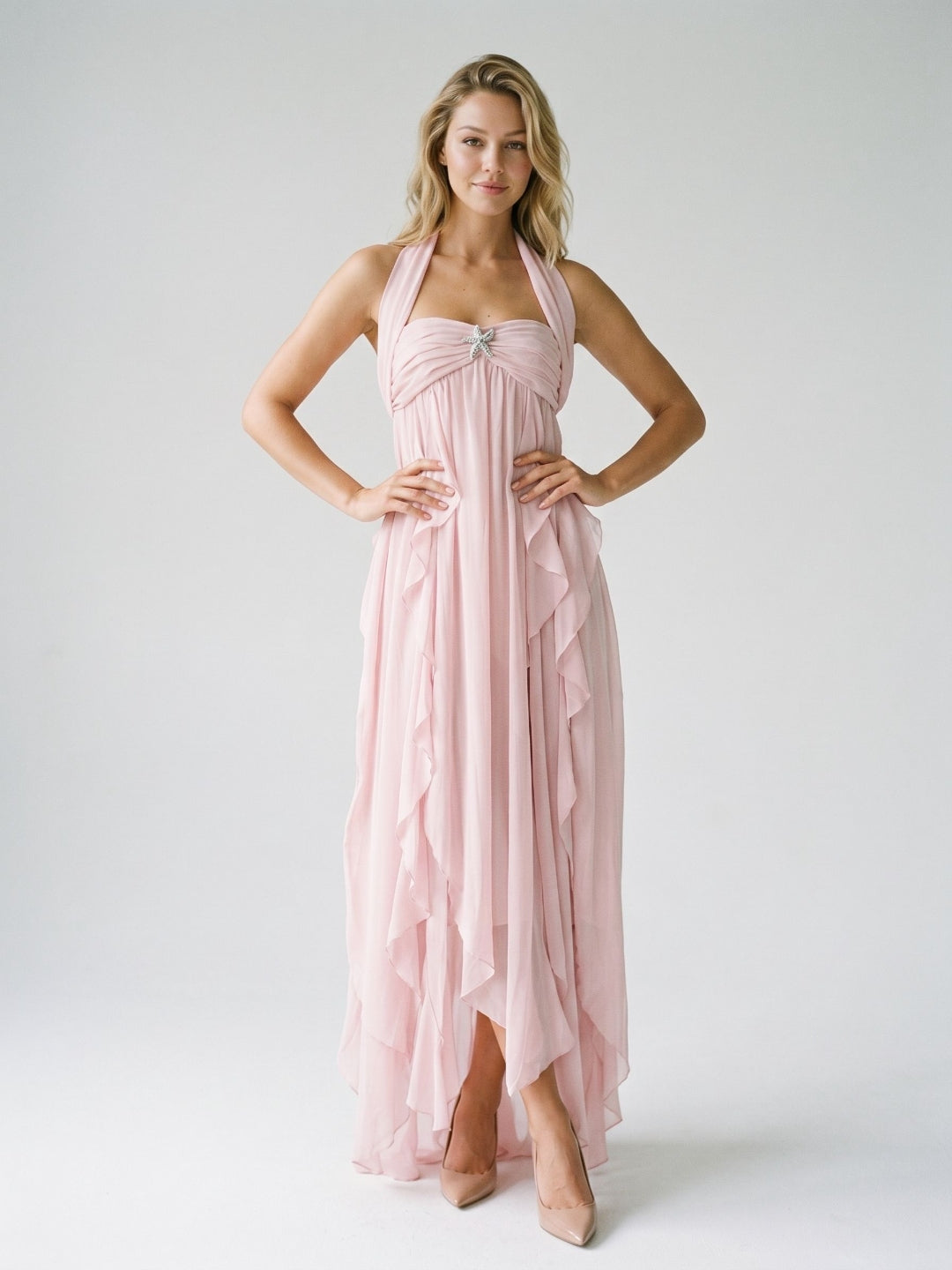 Blushing Pink Chiffon Column Halter Backless Asymmetrical Birthday Dress with Ruffles - Curvevia