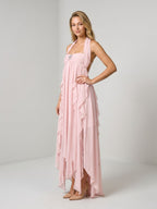 Blushing Pink Chiffon Column Halter Backless Asymmetrical Birthday Dress with Ruffles - Curvevia