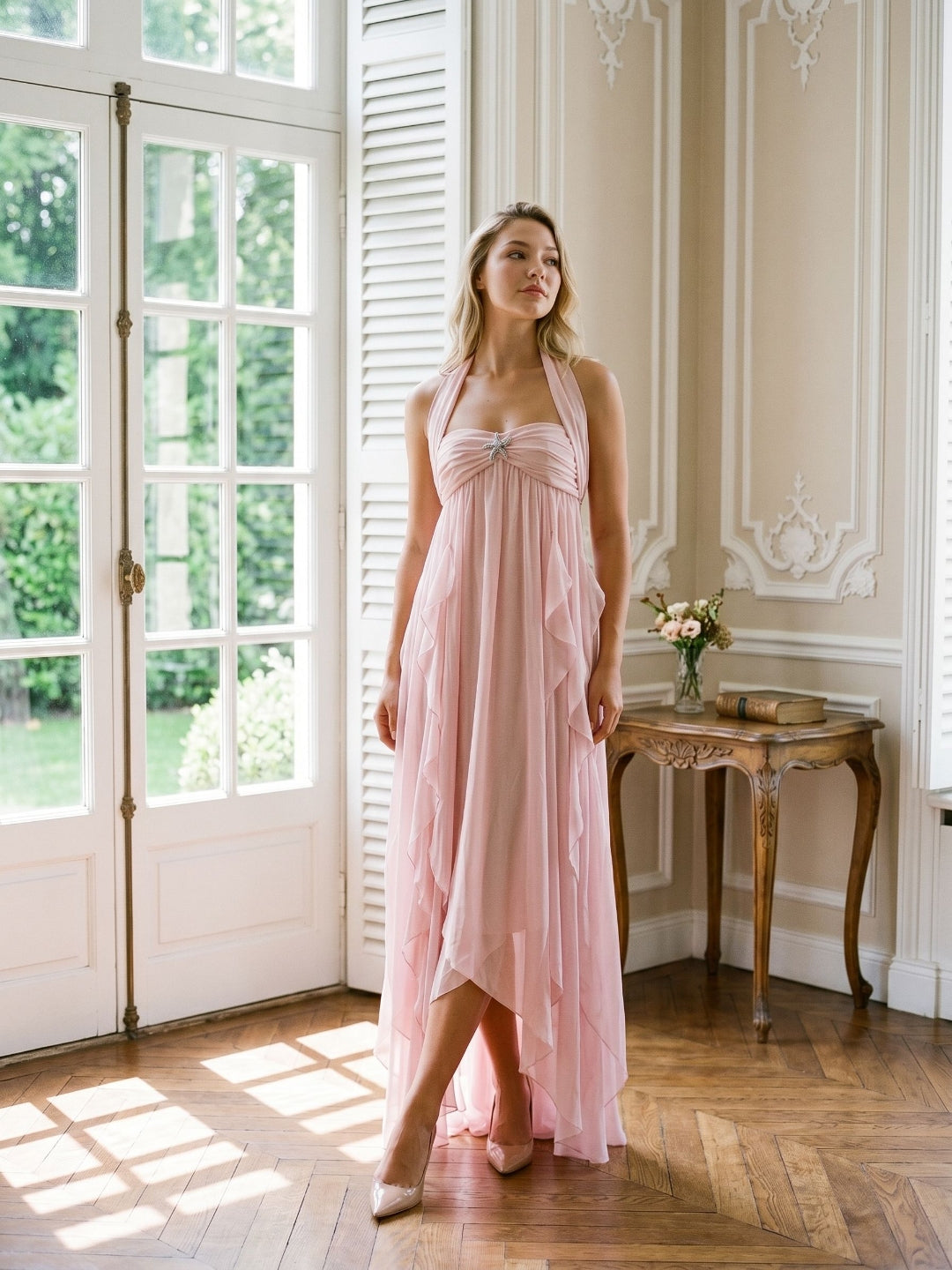 Blushing Pink Chiffon Column Halter Backless Asymmetrical Birthday Dress with Ruffles - Curvevia
