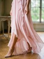 Blushing Pink Chiffon Column Halter Backless Asymmetrical Birthday Dress with Ruffles - Curvevia