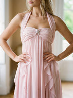 Blushing Pink Chiffon Column Halter Backless Asymmetrical Birthday Dress with Ruffles - Curvevia
