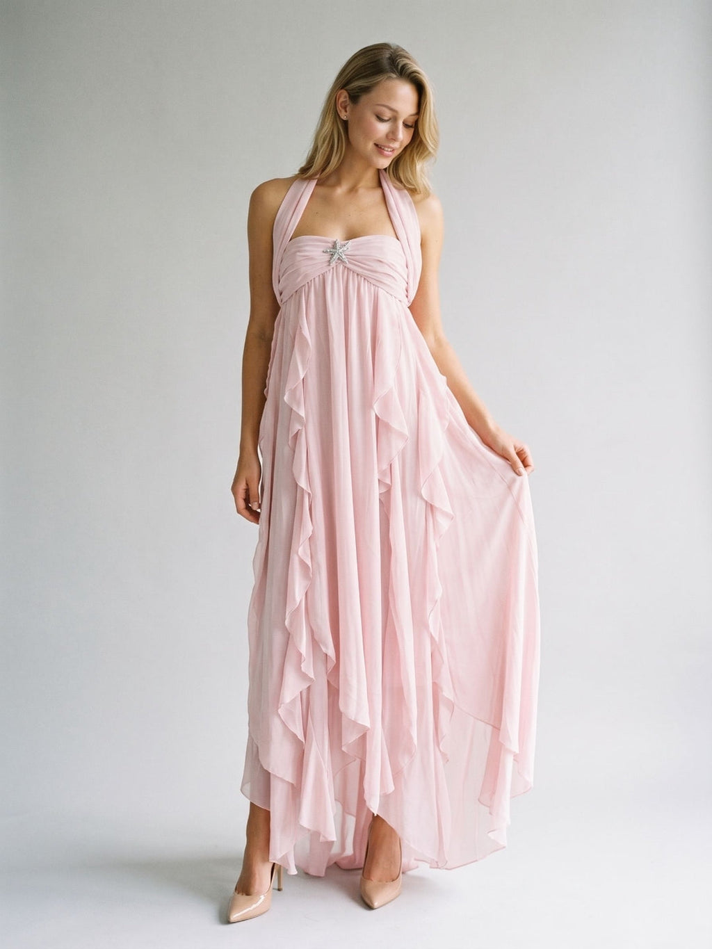 Blushing Pink Chiffon Column Halter Backless Asymmetrical Birthday Dress with Ruffles - Curvevia