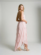 Blushing Pink Chiffon Column Halter Backless Asymmetrical Birthday Dress with Ruffles - Curvevia