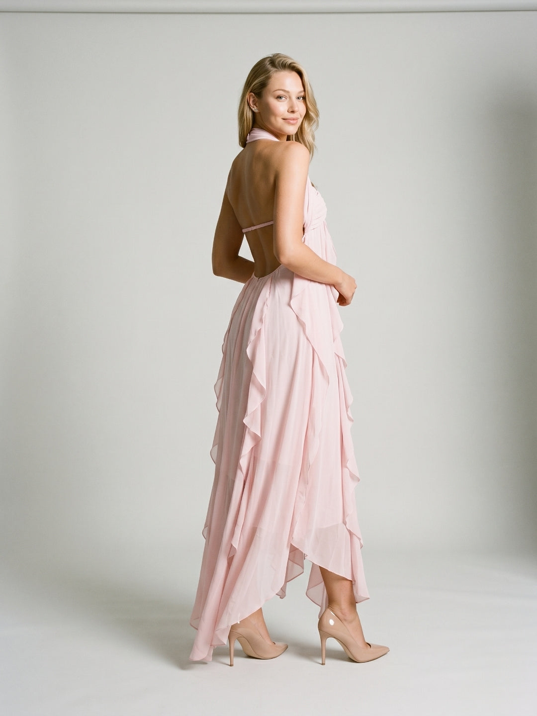 Blushing Pink Chiffon Column Halter Backless Asymmetrical Birthday Dress with Ruffles - Curvevia