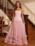 Crepe A-Line Straight Neck Lace-up Floor-Length Dress - Curvevia