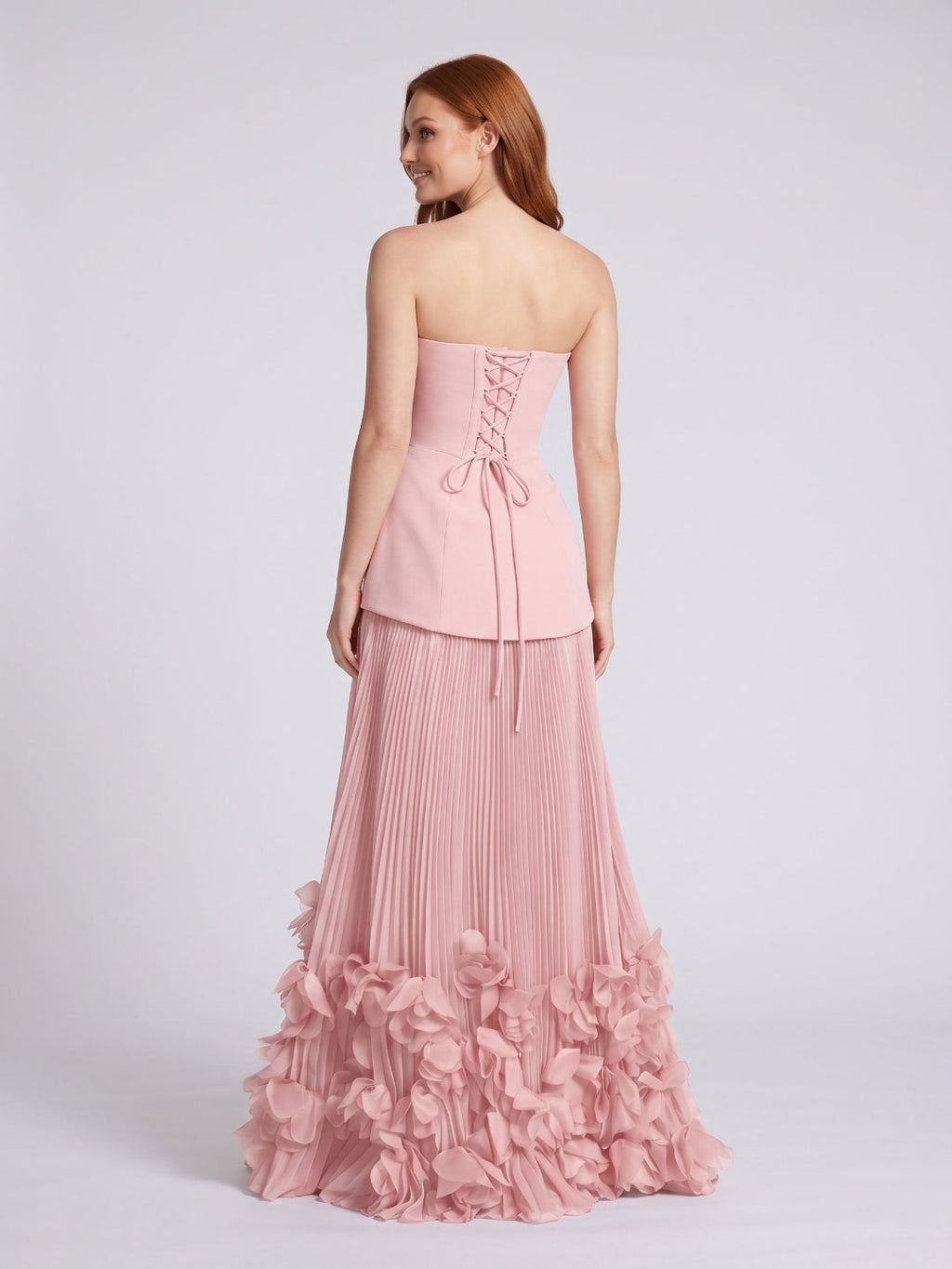 Blushing Pink Crepe A-Line Straight Neck Lace-up Floor-Length Dress - Curvevia