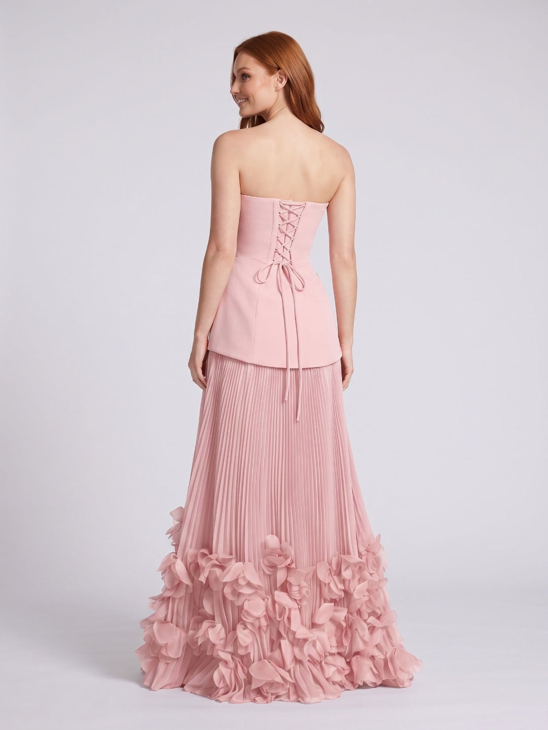 Blushing Pink Crepe A-Line Straight Neck Lace-up Floor-Length Dress - Curvevia