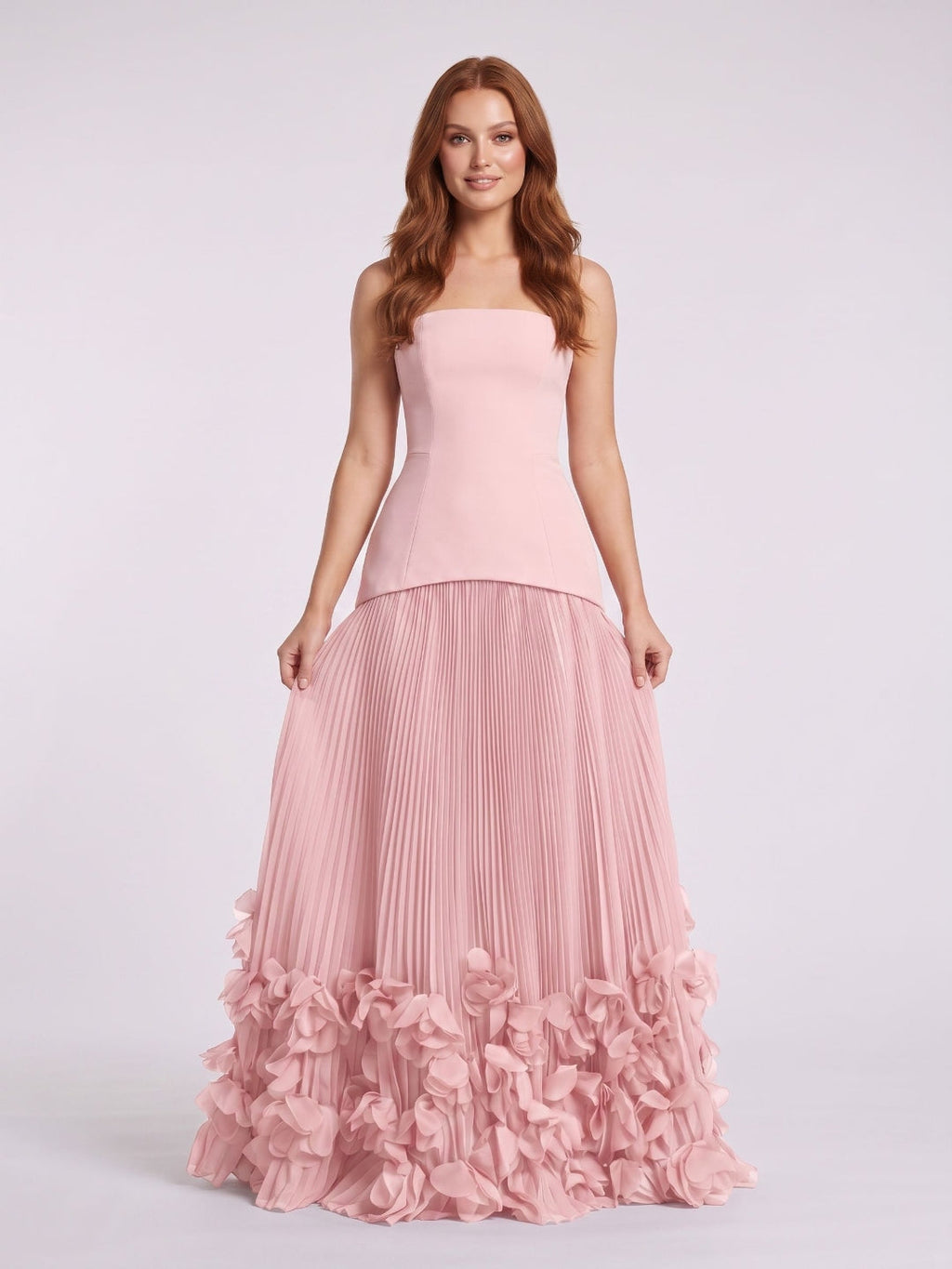 Blushing Pink Crepe A-Line Straight Neck Lace-up Floor-Length Dress - Curvevia