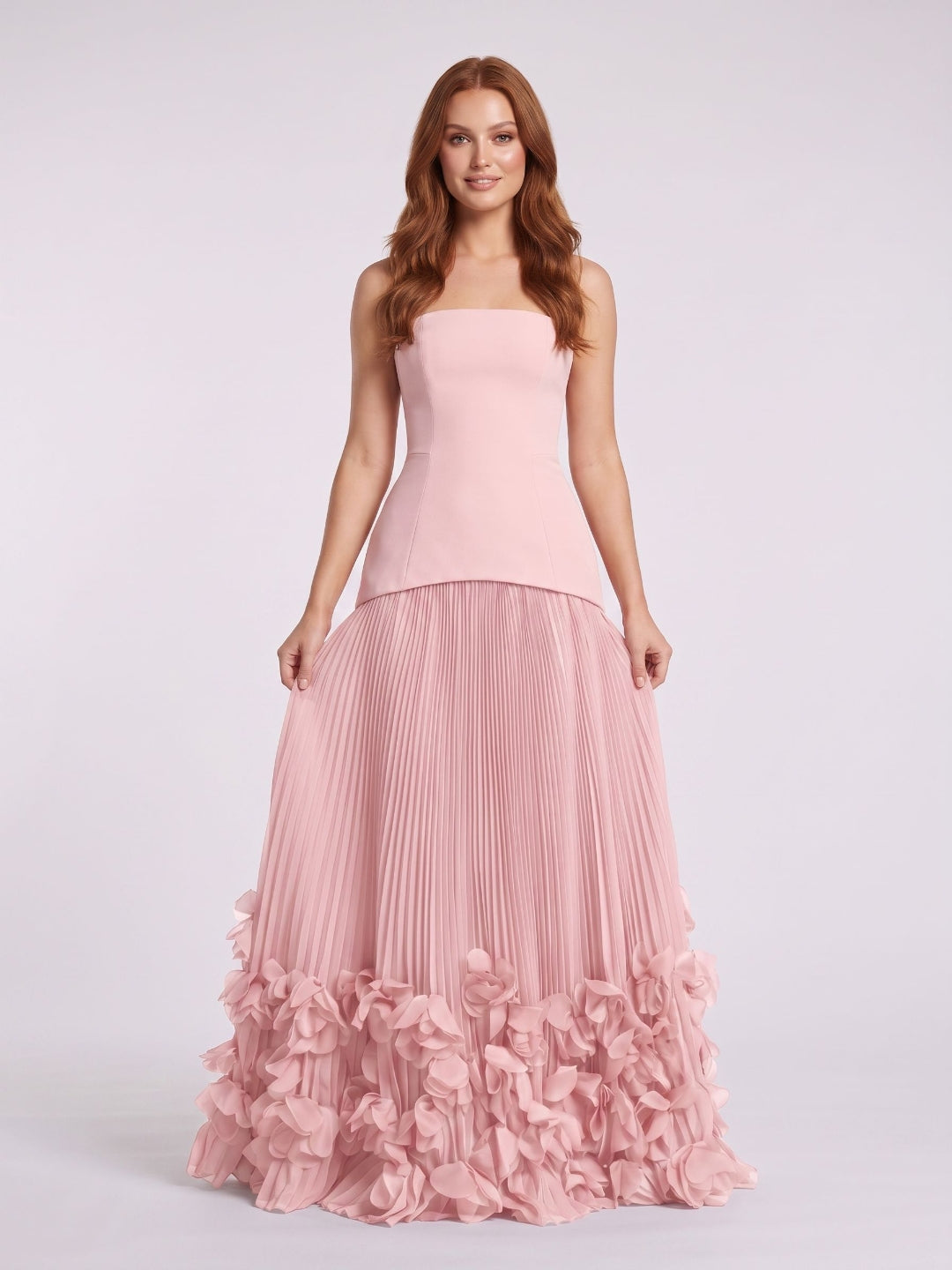 Blushing Pink Crepe A-Line Straight Neck Lace-up Floor-Length Dress - Curvevia