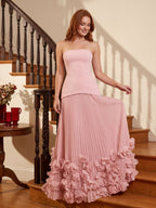 Blushing Pink Crepe A-Line Straight Neck Lace-up Floor-Length Dress - Curvevia