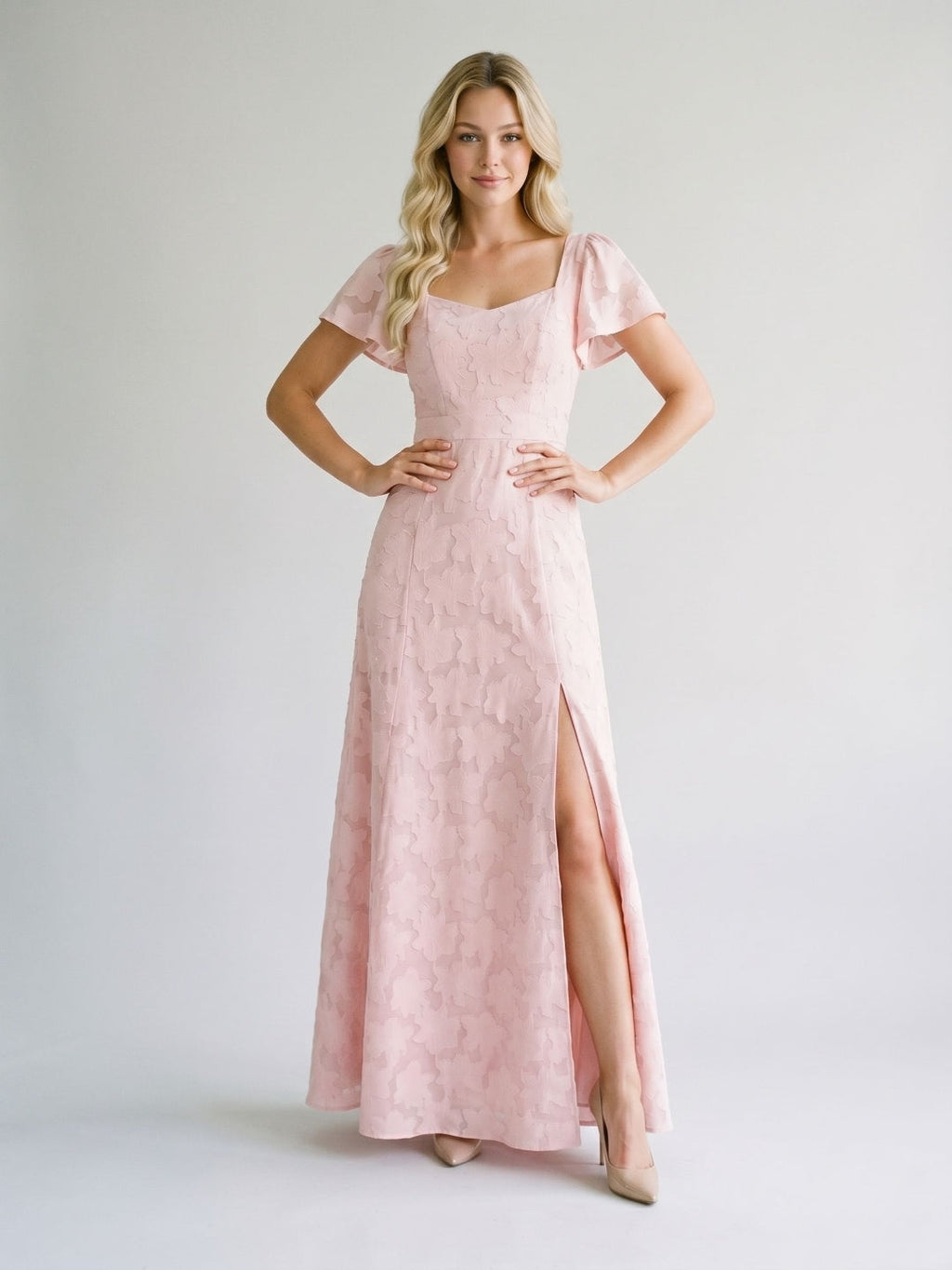 Blushing Pink Jacquard A-Line Backless Floor-Length Dress with Bow - Curvevia