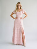 Blushing Pink Jacquard A-Line Backless Floor-Length Dress with Bow - Curvevia