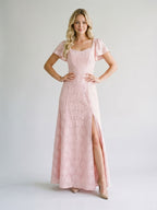 Blushing Pink Jacquard A-Line Backless Floor-Length Dress with Bow - Curvevia