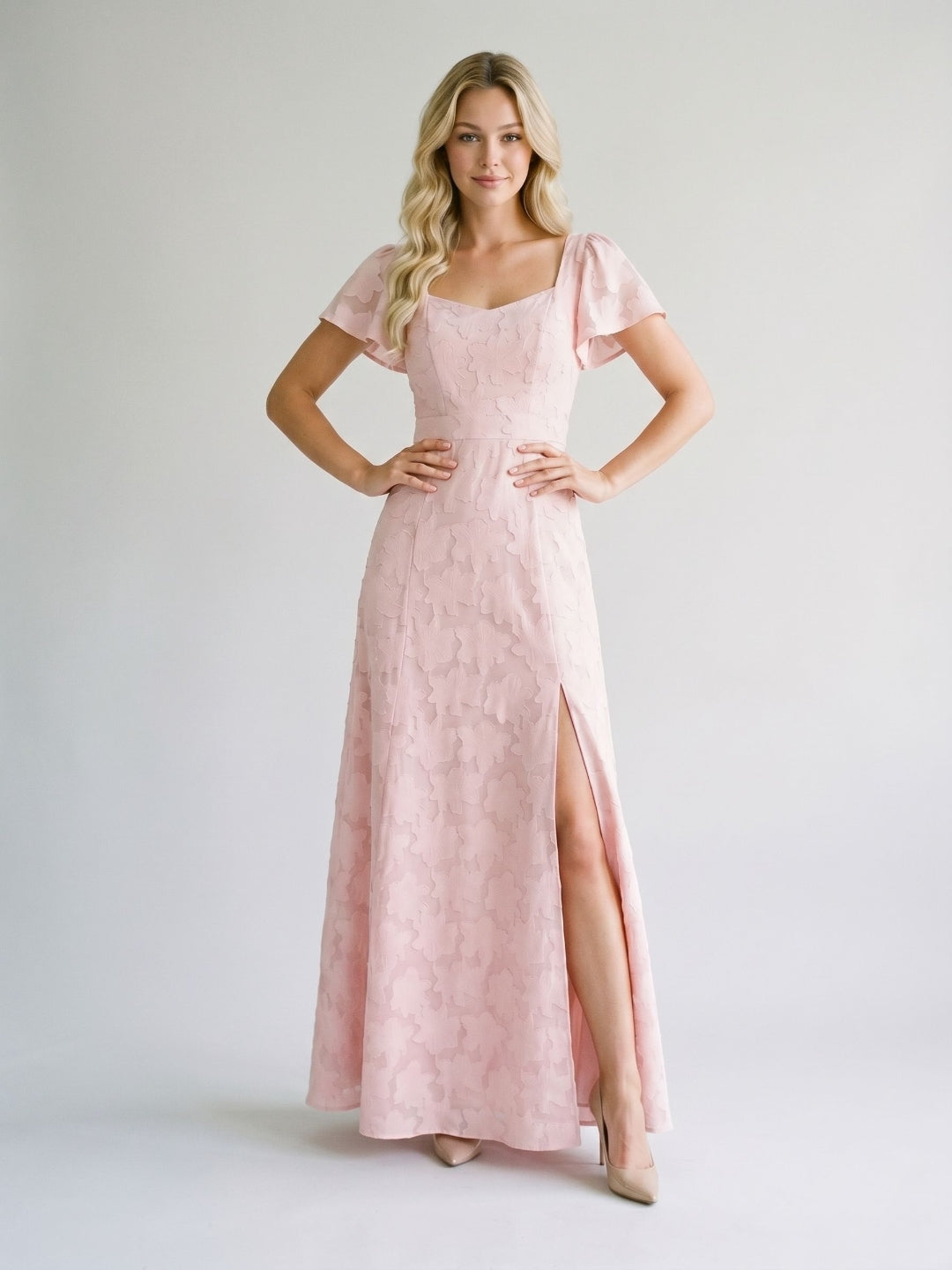 Blushing Pink Jacquard A-Line Backless Floor-Length Dress with Bow - Curvevia